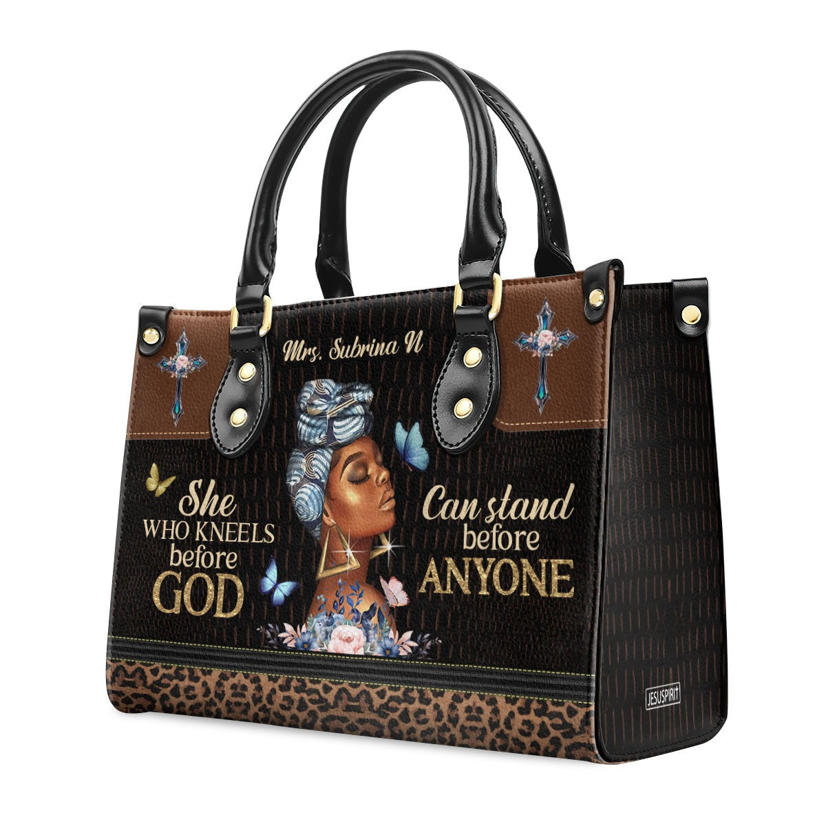 Personalized Christian Leather Handbag, She Who Kneels Before God Purse Tote Bag, Inspirational Faith Bag for Women BLAF48